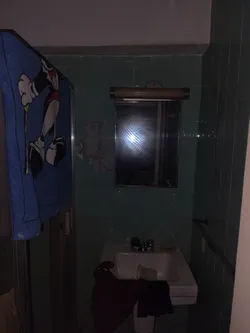 Bathroom walls showing cracks and fallen plaster